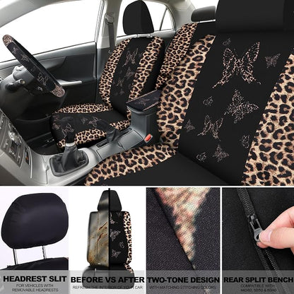 BBTO 43 Pcs Butterfly Car Seat Full Set Butterfly Car Accessories for Women 5 Front Rear Seat Covers Wrist Strap 2 Pcs Cup Mat Armrest Pad 2 Belt Xmas Cover Accessories for SUV(Brown Leopard Print)