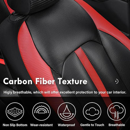 Coverado Leather Car Seat Covers Full Set & Carbon Fiber, Waterproof and Durable All Weather Protector, Universal Fit for SUV, Pickup Truck, Sedan, Automotive Vehicle Interior, Black&Red