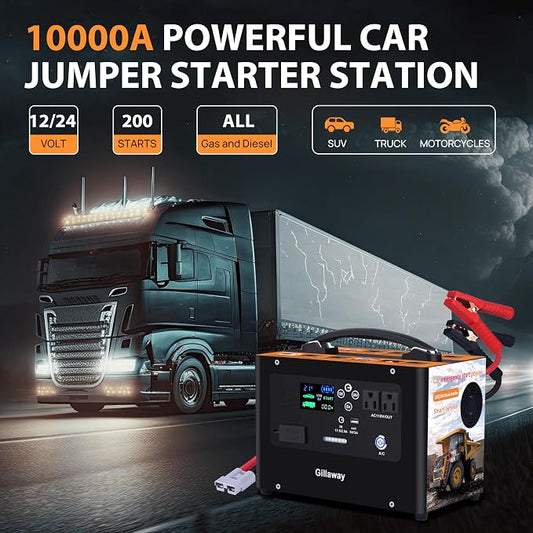 Gillaway V10 10000A Car Jump Starter, Portable Power Station Backup Lithium Battery，12V/24V Heavy Duty Truck Jump Starter Battery Pack, Power Bank for Outdoors Camping Travel Hunting Blackout