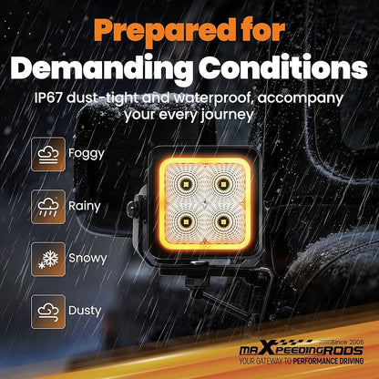 maXpeedingrods 3in LED Pod Lights Amber & White DRL Flood Beam 80W 5 Modes | 8000LM Cube Offroad Lights, Memory Function, Wiring Harness, IP67 Waterproof for Jeep Wrangler, Ford F150, Truck, ATV UTV