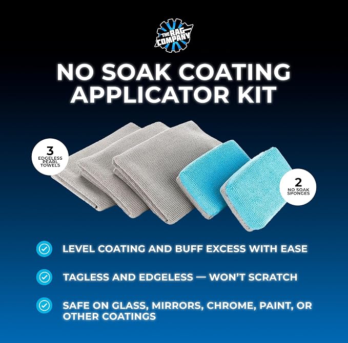 The Rag Company - No Soak Coating Applicator Kit - Microfiber Coating Sponges with Soak Barrier Plus 3 Scratchless and Edgeless 70/30 Blend Microfiber Towels for Buffing/Leveling Coatings