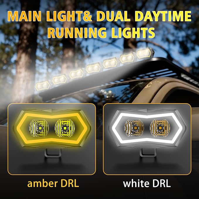 4WDKING LED Pod Lights 4 Inch with Dual-Color DRL Flood Beams Offroad Driving & Work Lights for Motorcycle Truck UTV ATV SUV 4x4 IP68 Waterproof (1 Pack)