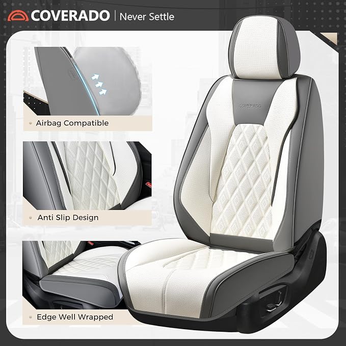 Coverado Front and Back Seat Covers for Cars, 5 Seats Automotive Seat Covers, Faux Leather Car Seat Covers Seat Protectors Car Seat Cushion Carseat Cover Universal Fit for Most Cars Truck - Gray&White