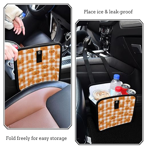 Car Trash Can Organizer Bin with Adjustable Strap for Back Front Seat Console Waterproof Leakproof Collapsible Portable 8.66 Inch Halloween Orange Plaid Pumpkin Heads