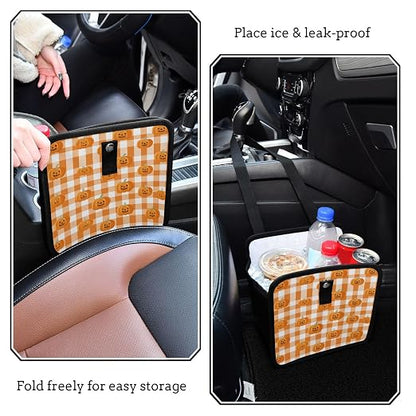 Car Trash Can Organizer Bin with Adjustable Strap for Back Front Seat Console Waterproof Leakproof Collapsible Portable 8.66 Inch Halloween Orange Plaid Pumpkin Heads