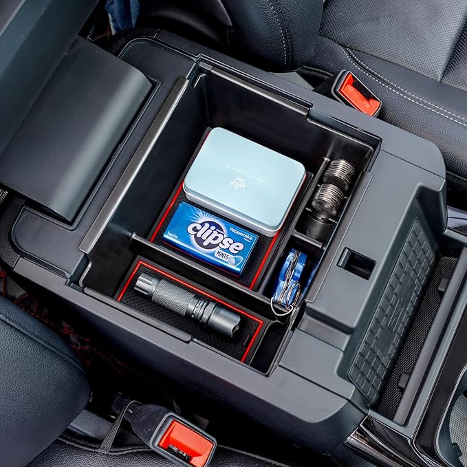 TOPINSTALL 2020-2026 Ford Explorer Console Organizer Tray - Compatible with 2020-2026 Ford Explorer Deep Armrest Storage Box with Coin Holder & Non-Slip Mats, Red Interior 6th Gen Explorer Accessories