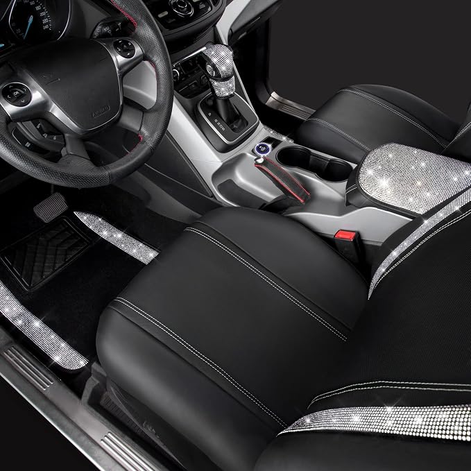 CAR PASS Rhinestone Bling Diamond Car Seat Covers Leather Shining Car Floor Mats Carpet Waterproof Anti-Slip Nibs Car Accessories Interior Sets for Women Silver Glitter White Sparkly Crystal