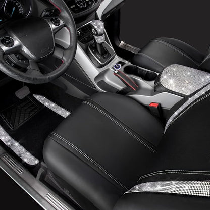 CAR PASS Rhinestone Bling Diamond Car Seat Covers Leather Shining Car Floor Mats Carpet Waterproof Anti-Slip Nibs Car Accessories Interior Sets for Women Silver Glitter White Sparkly Crystal