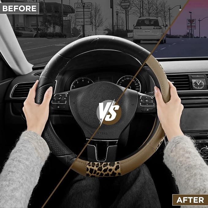 Road Comforts Steering Wheel Cover - Flat Bottom Wheel Cover Made with PVC Leather and Leopard Fabric - Universal Fit for 15-Inch D-Shaped Automotive Steering Wheels (Beige Color)