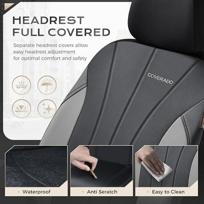 Coverado Car Seat Covers Full Set, 5 Seats Waterproof Nappa Leather Automotive Seat Protectors, Front & Rear Luxury Mesh Seat Covers,All-Weather Universal Fit for Most Cars SUVs, Trucks,Black&Grey