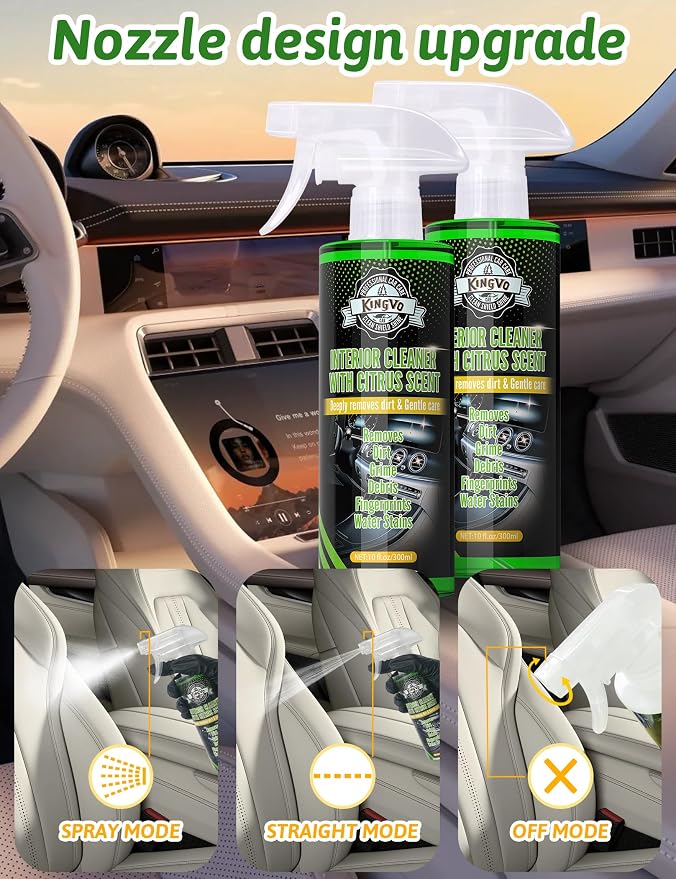 Kingvo Car Interior Cleaner Spray, Multipurpose Leather Seat Cleaner Upholstery Car Cleaning Kit with Citrus Flavor Auto Dashboard Vinyl Detailing Supplies Kit,10 OZ