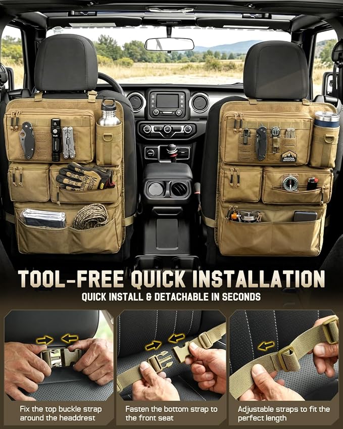 All in One Car Seat Back Organizer, Heavy Duty Molle Panel Seat Back Protector with Multi-Pockets Storage for Tools, Camping, Travel, Fit Most Cars SUV Trucks Jeeps Pickups