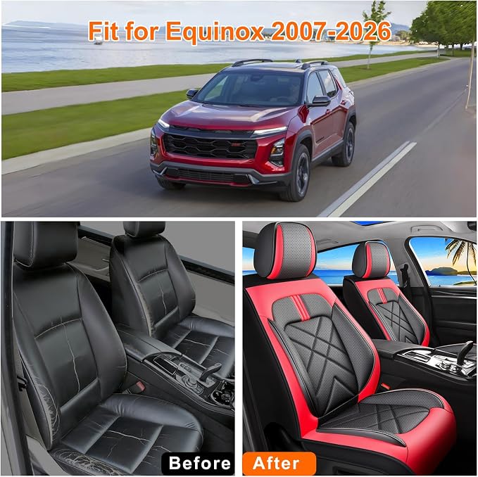 Equinox Car Seat Covers Fit for Chevrolet/Chevy Equinox 2011-2026, Full Coverage Leather Waterproof Breathable Seat Covers, Automotive Seat Protectors, Airbag Compatible, (5 Seats, Red Black)