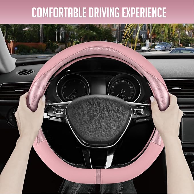 PIC AUTO Steering Wheel Cover, Pink Patterned Leather Patchwork Design, Universal Fit 14.5"–15.5" D-Shape Steering Cover, Soft PU Grain Leather, Durable Grip Car Accessory for Girls & Women