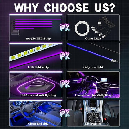 RGB Acrylic Ambient Lighting Car Lights, LED Strip Lights with APP Control, 593 LEDs Interior Car Lights, 6 in 1 Neon Car Ambient Neon Light Kits