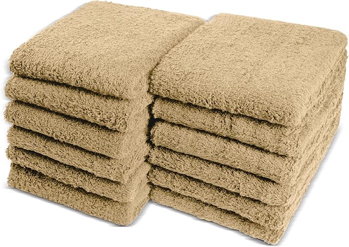 Car Care Essentials Wash Dry and Detail Towels, Set of 12, Beige, 100% Ring Spun Cotton, 16” X 27”, 4.25 lbs. per dz. Heavy Thick, Premium Multi-Purpose Towels