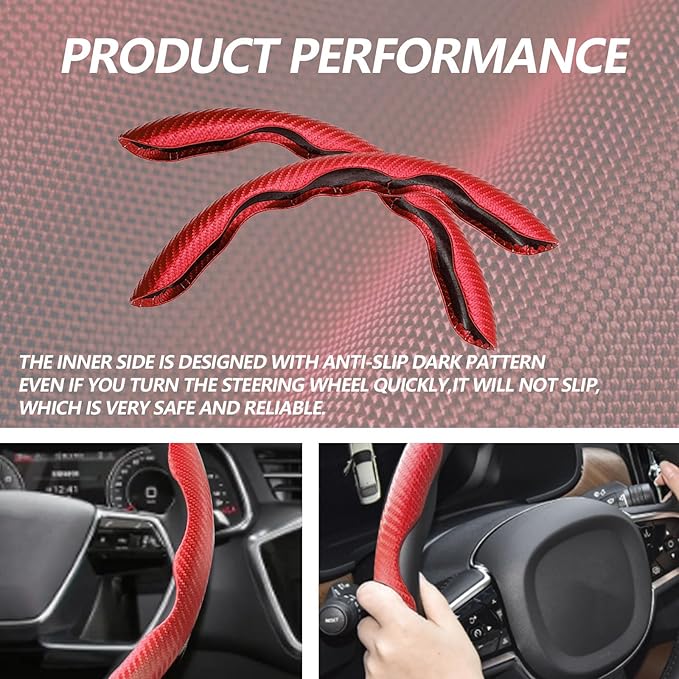 2pcs Universal Fit Carbon Fiber Steering Wheel Cover, Anti-Skid Steering Wheel Cover/Segmented Steering Wheel Protector/Car Interior Accessories (red)