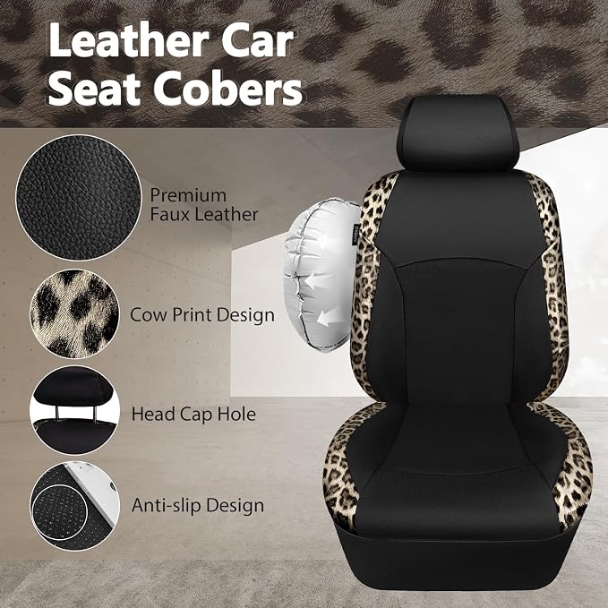 CAR PASS Leopard Print Faux Leather Car Seat Covers & Leopard Car Mats&Leopard Steering Wheel Cover Seat Belt Universal Car Accessories for SUV,Van,Saden,Truck Automobile Interior Sets(Gold Black)
