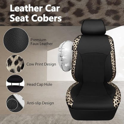 CAR PASS Leopard Print Faux Leather Car Seat Covers & Leopard Car Mats&Leopard Steering Wheel Cover Seat Belt Universal Car Accessories for SUV,Van,Saden,Truck Automobile Interior Sets(Gold Black)