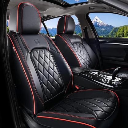 Coverado Car Seat Covers Full Set, Luxury Faux Leather Waterproof Seat Covers, Black Car Seat Covers, Universal Car Seat Protector Leather Car Seat Cushion, Carseat Cover Fit Most Cars, Black&Red