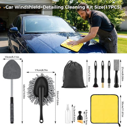 17Pcs Car Cleaning Kit Windshield Cleaner Tool with 3 Extra Microfiber Pads Car Interior Detailing Brushes Dash Duster & Microfiber Towels All-in-One Car Cleaning Supplies for Women Men
