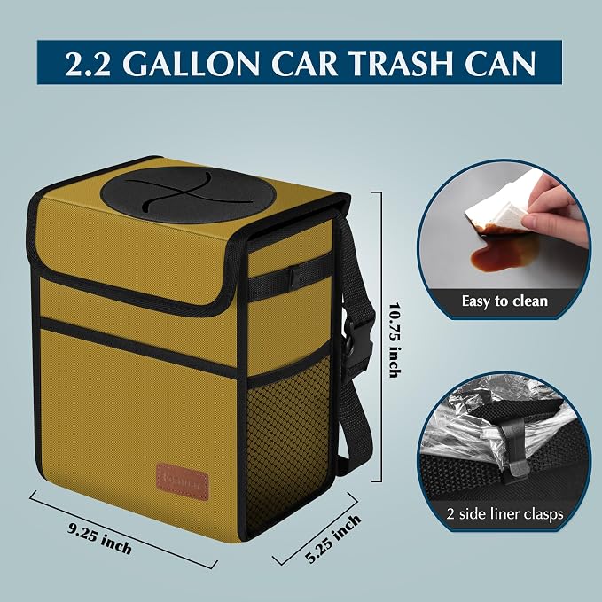Femuar Car Trash Can with Lid - Leak Proof, Waterproof Garbage Can for SUV Front Seat, Multipurpose Car Hanging for Headrest, Collapsible and Portable with Storage Mesh Pocket, Khaki