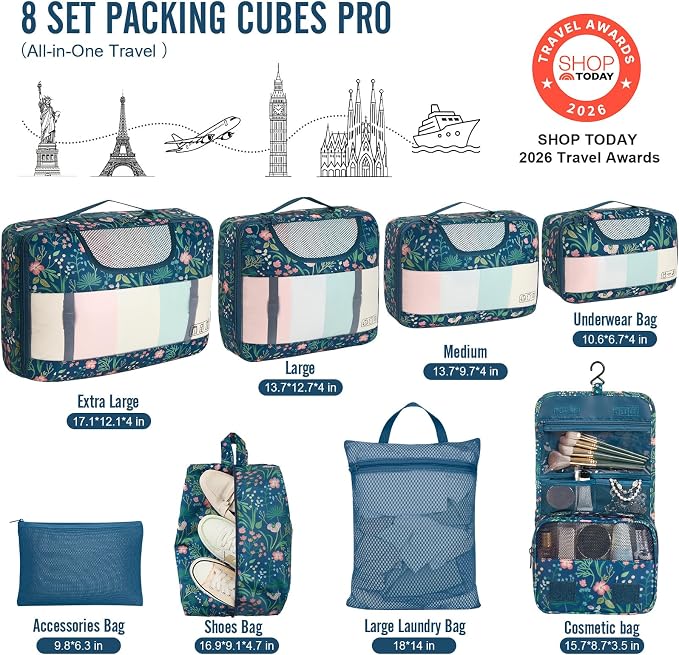 Veken 8 Set Packing Cubes for Travel Essentials,Anti-Wrinkle Buckled Suitcase Organizer for Shoe & Toiletry Bag,Carry On Luggage Bag with 99+ Count Mesh Holes for Airplane & College Dorm Accessories