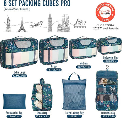 Veken 8 Set Packing Cubes for Travel Essentials,Anti-Wrinkle Buckled Suitcase Organizer for Shoe & Toiletry Bag,Carry On Luggage Bag with 99+ Count Mesh Holes for Airplane & College Dorm Accessories