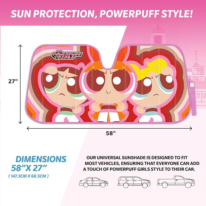 The Powerpuff Girls Car Windshield Sun Shade, Officially Licensed Accordion Style Sunshade for Car Window, Cute Cartoon Car Sun Shade Windshield for Front Window