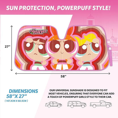 The Powerpuff Girls Car Windshield Sun Shade, Officially Licensed Accordion Style Sunshade for Car Window, Cute Cartoon Car Sun Shade Windshield for Front Window