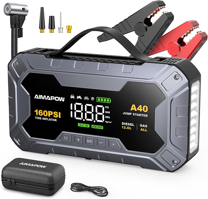 8000A 160PSI Jump Starter with Air Compressor, 12V Car Battery Jump Starter Power Bank(All Gas/12L Diesel), Car Starter with LED Flashlight, Force Start, Jump Pack with Jump Leads
