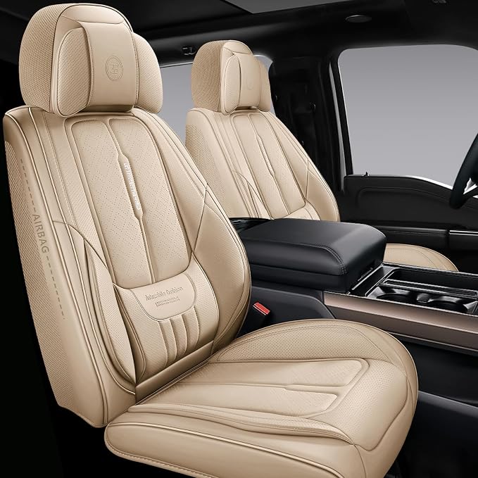 NS YOLO Full Coverage Leather Car Seat Covers for Cars,SUVs and Pick-up Trucks,Car Seat Protector,Automotive Seat Covers,Car Seat Cushion,Beige Seat Cover,Front Seat Cover for 2 Seats