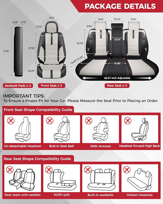FREESOO Universal Full Seat Covers, Waterproof Faux Leather Automotive Seat Covers with Carbon Fiber Texture Seat Belt Pads, Anti-Slip Airbag Compatible Car Seat Covers for Cars SUVs Trucks