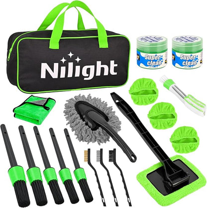Nilight 15PCS Car Detailing Kit Auto Cleaning Tools Wash Set with Storage Carry Bag Beginners Easy to Use for Interior Exterior Car Care Clean Windshield Dashboard Seat Air Vents Wheels Tires, Green