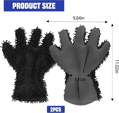 2PCS Car Wash Mitt, 5 Finger Chenille Microfiber Cleaning Mitt for Cars, Scratch-Free Auto Washing Gloves, Car Interior Exterior Cleaning Gloves, Great for Hard-to-Reach Areas (Black+Gray)