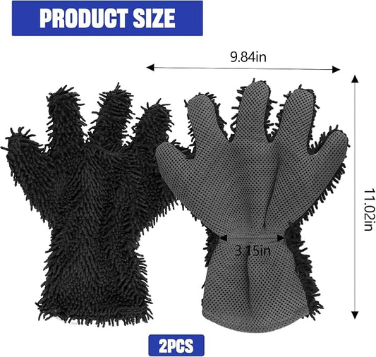 2PCS Car Wash Mitt, 5 Finger Chenille Microfiber Cleaning Mitt for Cars, Scratch-Free Auto Washing Gloves, Car Interior Exterior Cleaning Gloves, Great for Hard-to-Reach Areas (Black+Gray)