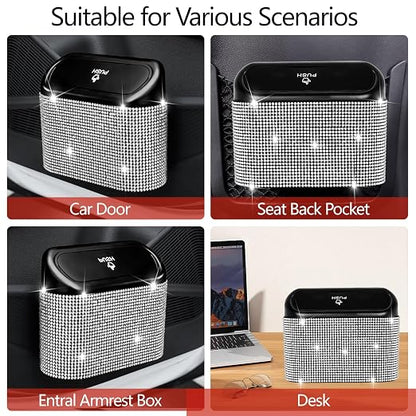 NBTEPEM Bling Car Trash Can with Lid, Mini Auto Garbage Can with 30 Trash Bags, Leakproof Automotive Garbage Container Bin, Bling Car Accessories Trash Can for Women (Silver Diamond)