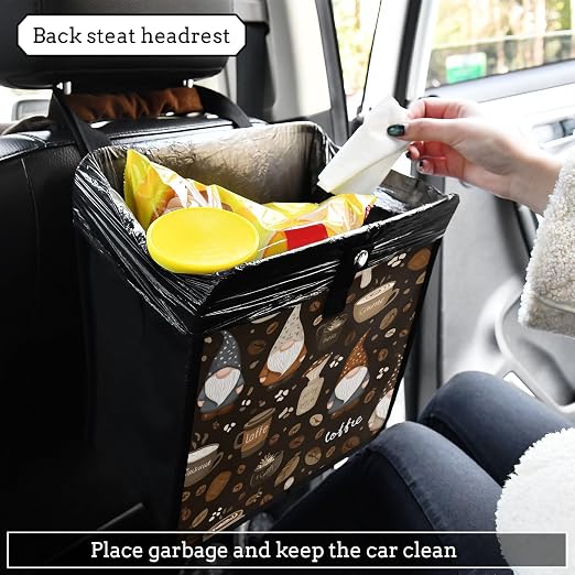 Car Trash Can Organizer Bin with Adjustable Strap for Back Front Seat Console Waterproof Leakproof Collapsible Portable 11 Inch Brown Gnomes Coffee Beans Cups