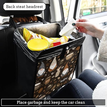 Car Trash Can Organizer Bin with Adjustable Strap for Back Front Seat Console Waterproof Leakproof Collapsible Portable 8.66 Inch Brown Gnomes Coffee Beans Cups