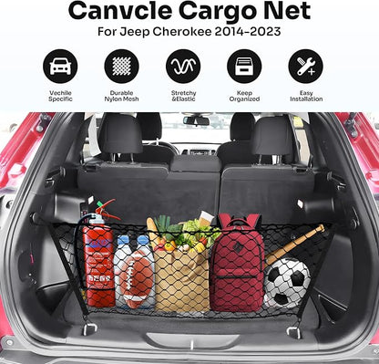 Canvcle Trunk Cargo Net for 2014-2023 Jeep Cherokee Accessories Envelope Style Mesh Trunk Net Organizer and Storage Stretchable Adjustable Elastic Nylon Rear Cargo Netting with Hooks