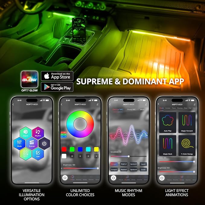 OPT7 Aura DreamColor RGB-IC LED Car Interior Light Strips, 4PC Neon Ambient Lighting Kit with APP & Remote, 12V Music Color Chasing Lights for SUV Truck Van, Under Dash Decor