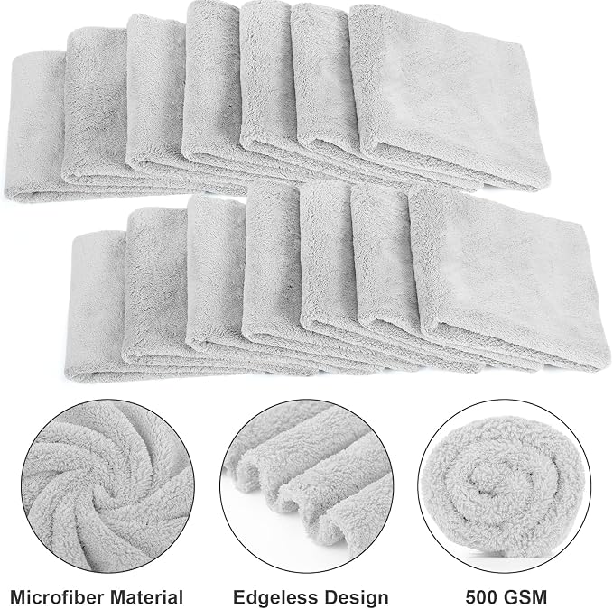 Shimeyao 30 Pcs Edgeless Microfiber Plush Towels for Cars Detailing Drying Wash Polishing Absorbent Cleaning Cloths, 500 GSM (16 x 16 Inch,Light Gray)