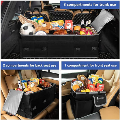 Trunk Organizer With Built-In Insulated Leak Proof Cooler Bag,Collapsible Cargo Organizer For Suv With Non Slip Bottom Strips,3 Large Compartments Foldable Waterproof Portable Car Storage Box