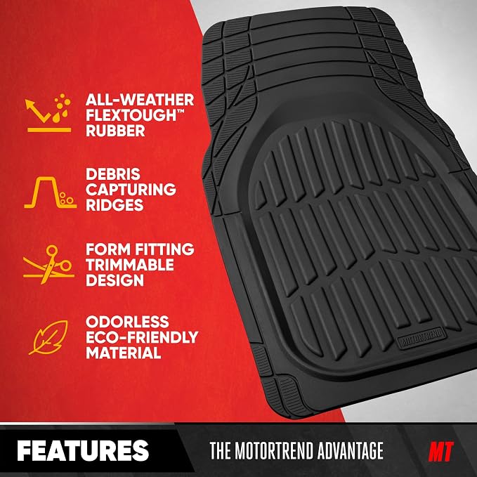 Motor Trend FlexTough LITE Rubber Car Mats Full Set - All Weather Floor Mats for Cars & SUVs - Automotive Waterproof Black Car Floor Mats for Cars Interior Accessories Universal Trim-to-Fit