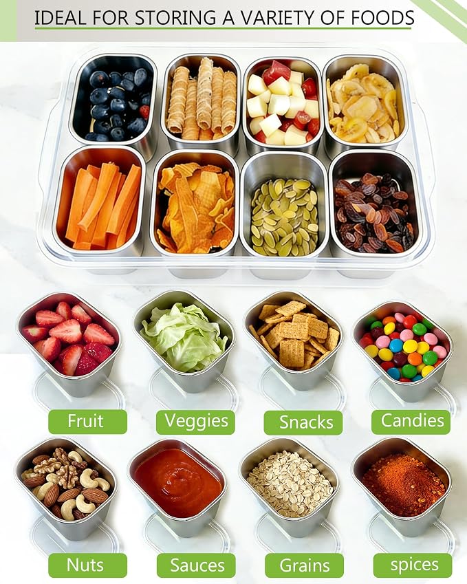 Snackle Box Container, Stainless Steel Divided Serving Tray with Lid and Handle, Large Snack Tray for Fruit Veggie Candy, 8-Compartment Snack Platter for Travel Party Beach Picnic