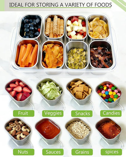 Snackle Box Container, Stainless Steel Divided Serving Tray with Lid and Handle, Large Snack Tray for Fruit Veggie Candy, 8-Compartment Snack Platter for Travel Party Beach Picnic