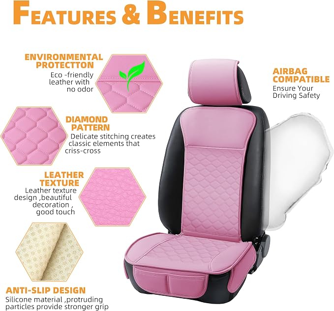 Elantrip 2PCS Front Car Seat Covers Pink Leather Auto for Women Airbag Compatible Diamond Pattern PU Seat Cover Universal Fitness