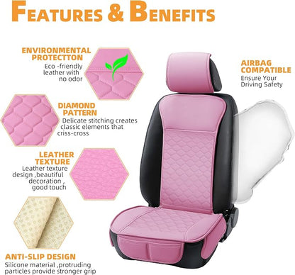 Elantrip 2PCS Front Car Seat Covers Pink Leather Auto for Women Airbag Compatible Diamond Pattern PU Seat Cover Universal Fitness