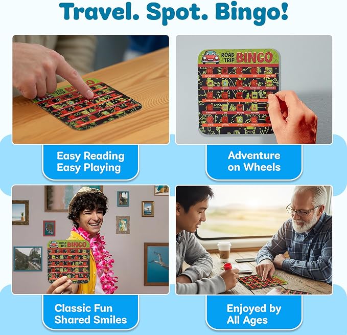 GSM Brands Car Bingo Travel Games for Kids – Fun Road Trip Scavenger Hunt Card Game (5 Pack)