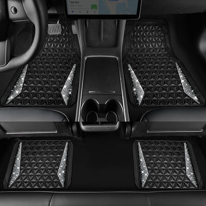CAR PASS Bling Diamond Car Mats Rubber Floor Mats Full Set Anti-Slip 3D Rhombus Waterproof Trim to Fit Liner Universal Glitter Crystal Sparkly Shining Rhinestone Girl Women SUV Sedan Van, Black Silver